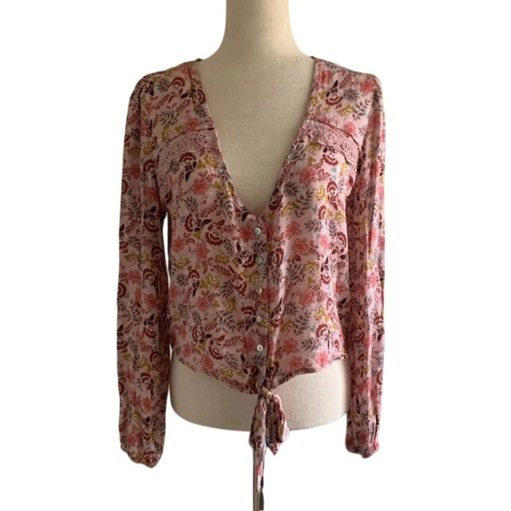 Floral Paisley Tie Front Blouse L Rayon Lace Deep V Boho Peasant Indie Sleaze